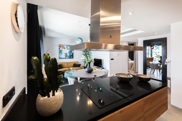 an apartment with a modern kitchen looking out on a small living room